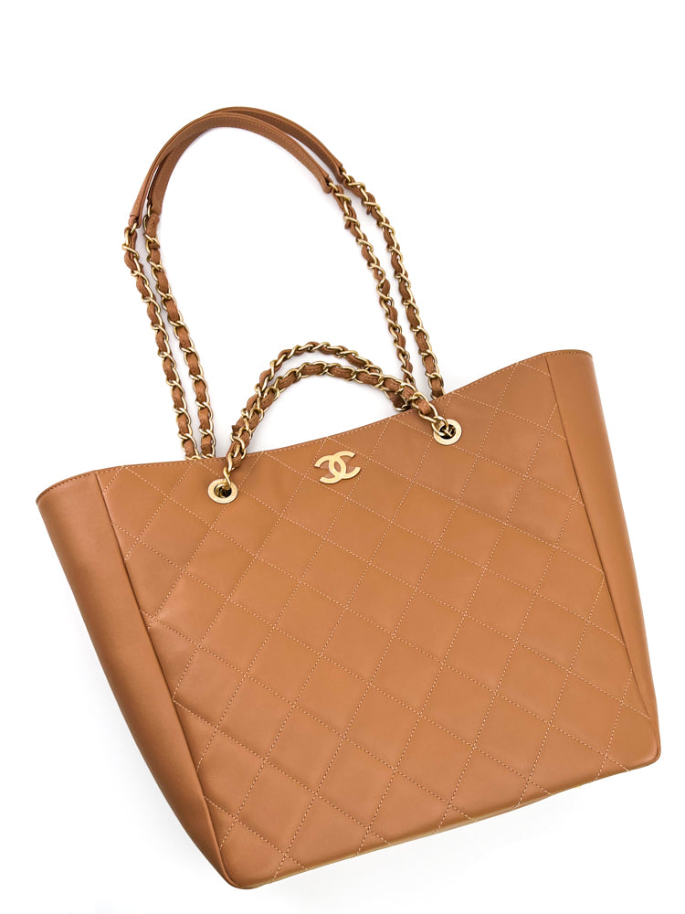 Chanel Quilted Caramel Leather Chain Shopping Tote Bag