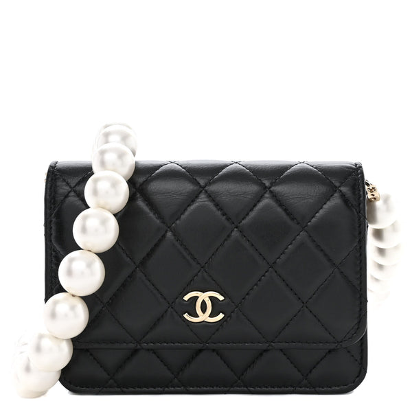 Chanel Black Calfskin Quilted Leather Maxi Pearl Mini Wallet On Chain WOC Bag AP1839