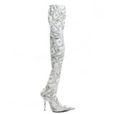 Balenciaga White Knife Dollar Money 110 Stretch Fabric Over-The-Knee Boots