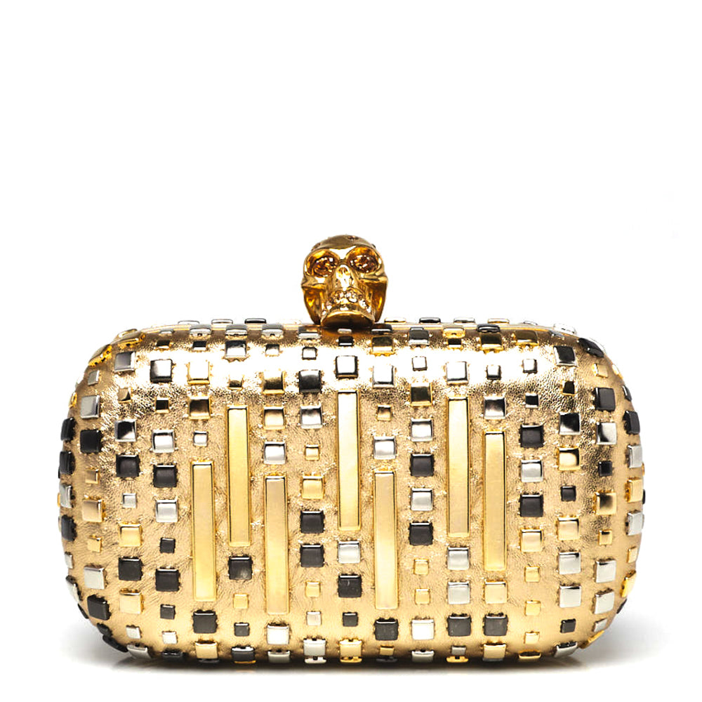 Alexander McQueen Gold Leather Art Deco Studded Skull Box