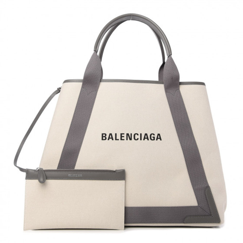 Balenciaga Ecru Canvas Leather Navy Cabas Tote Bag