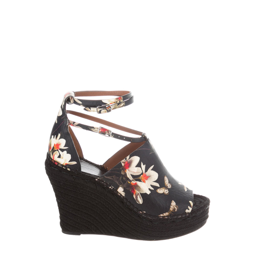 Givenchy Black Leather Floral Print Wedge Sandals 40
