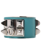 Bleu Paon Epsom Leather Palladium Plated Collier de Chien Bracelet -