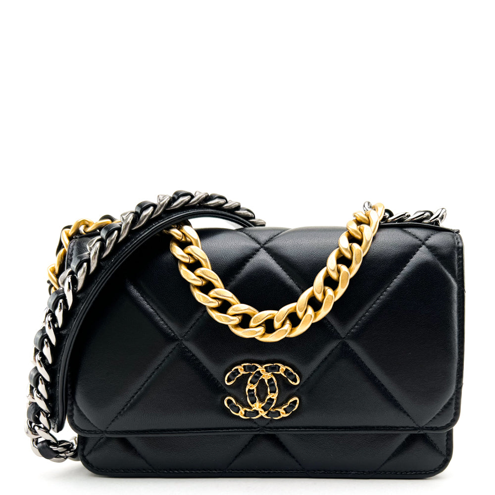 Chanel 23C 19 Wristlet Pouch Black Lambskin with multi-tone hardware