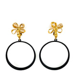 CC Flower Hoop Clip On Earrings 93P Black and Vintage Gold.