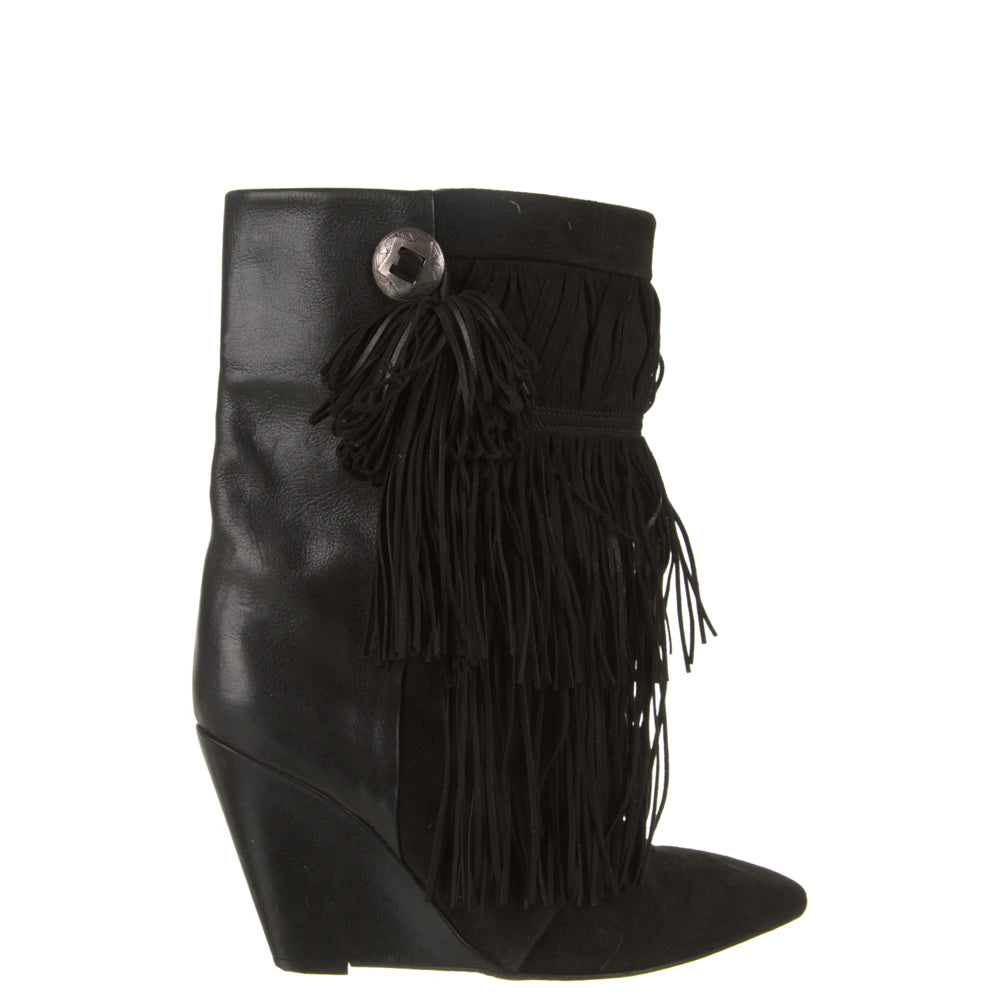 maximaal Bully Haringen Isabel Marant Black Suede Fringed Jacob Wedge Boots 37