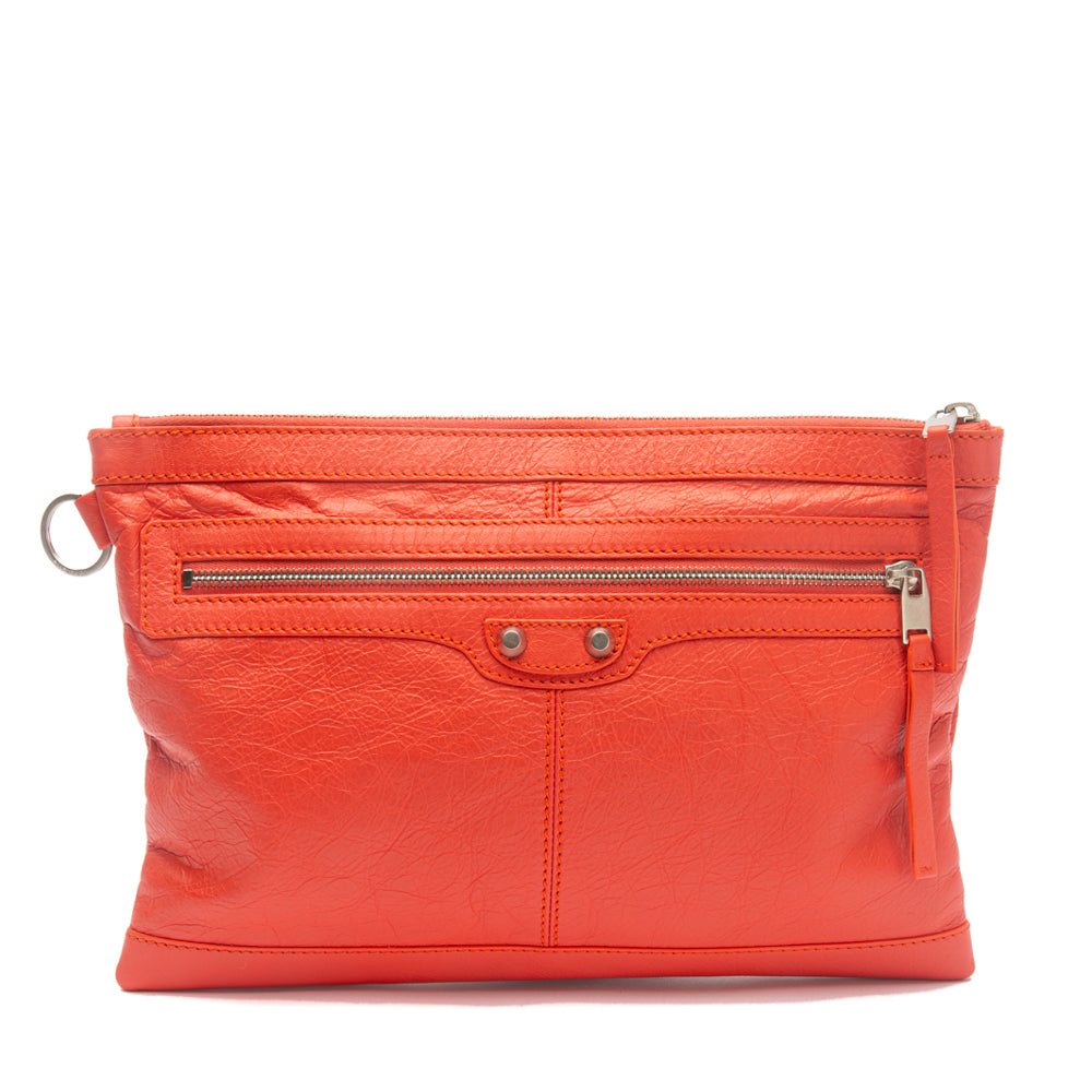 Balenciaga Orange Lambskin Leather Classic City Clip Pouch