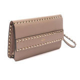 Grainy Calfskin Leather Rockstud Clutch Bag Poudre Beige.