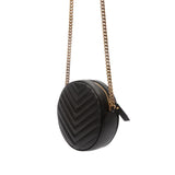 Chevron Quilted Leather Vinyle Round Camera Shoulder Bag Black.