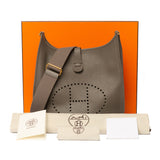 Hermes Etain Clemence Leather Evelyne Bag with Gold Hardware