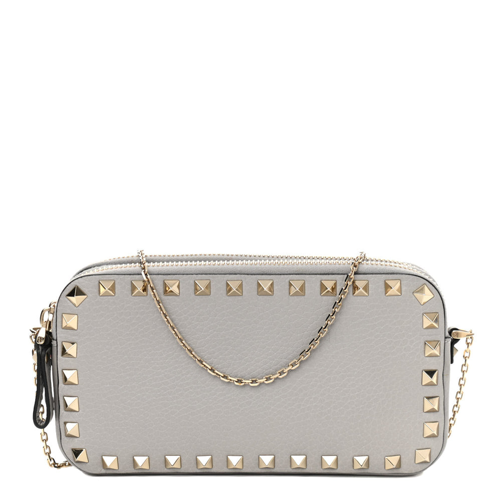 Valentino Double Zip Rockstud Leather Chain Crossbody Bag Grey