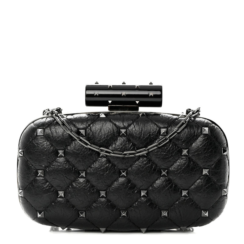 Valentino Black Leather Rockstud Spike Quilted Minaudiere Clutch Bag