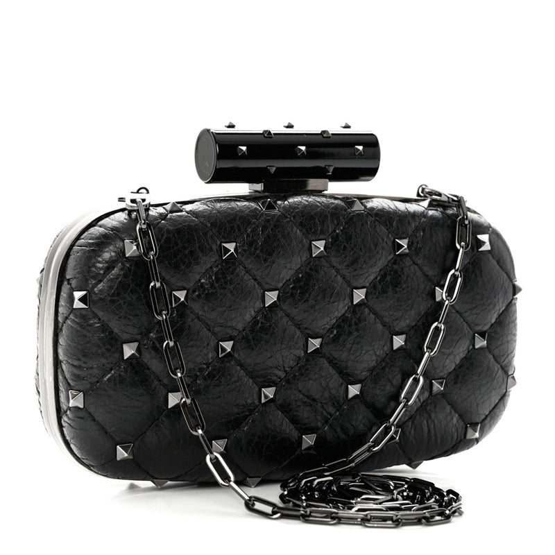 Valentino Black Leather Rockstud Spike Quilted Minaudiere Clutch Bag - Luxybit