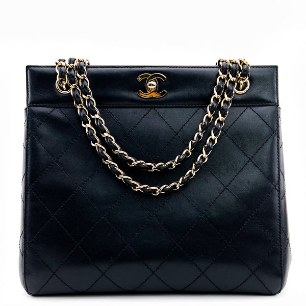 Chanel Black Quilted Lambskin Leather CC Turn Lock Chain Vintage Tote Bag