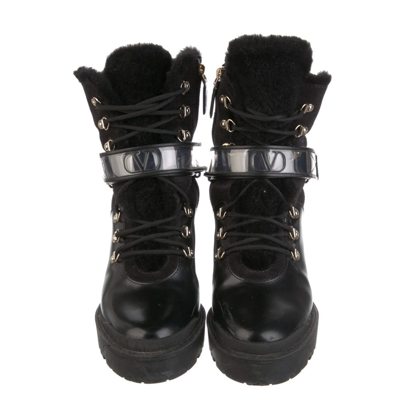 Valentino Black Calfskin Shearling VLOGO Heeled Boots