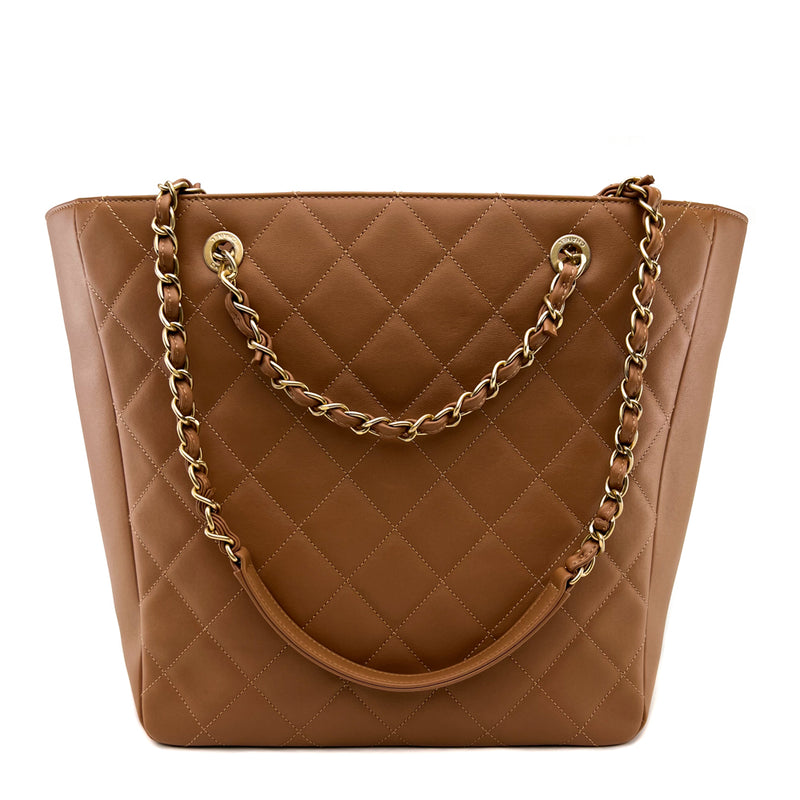 Chanel Gold Quilted Calfskin Leather Chain Shopping Tote Bag