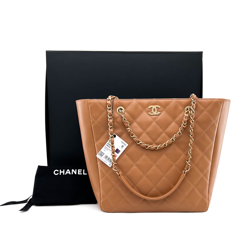 Chanel Gold Quilted Calfskin Leather Chain Shopping Tote Bag