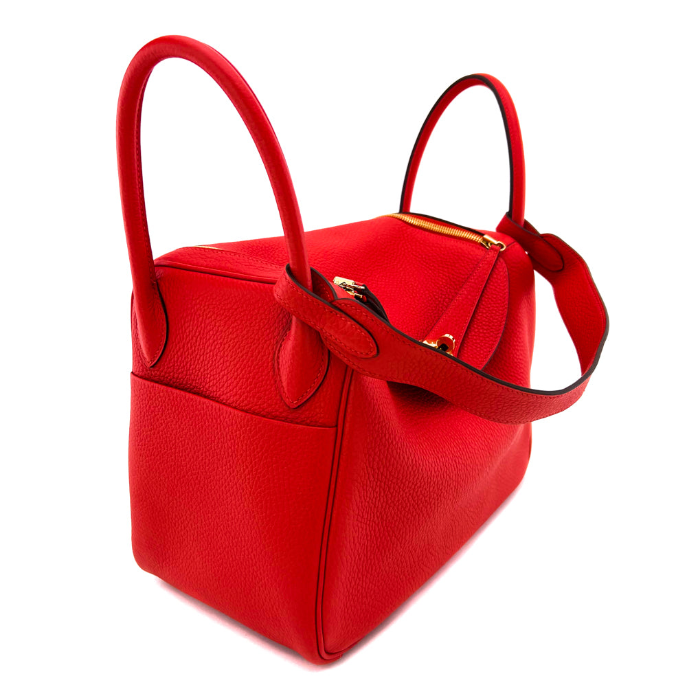HERMES / ショルダーバッグ/シルク/RED Hermes Rouge Tomate Clemence Lindy 30