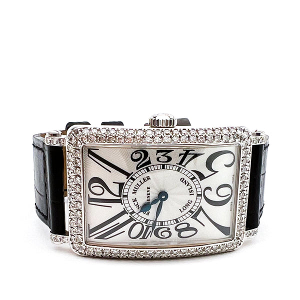 Franck Muller 18k White Gold Long Island Diamond Watch 952 QZ D Black Alligator Strap