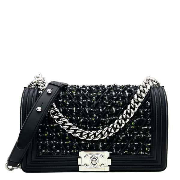 Chanel Black Tweed Chevron Medium Boy Flap Bag