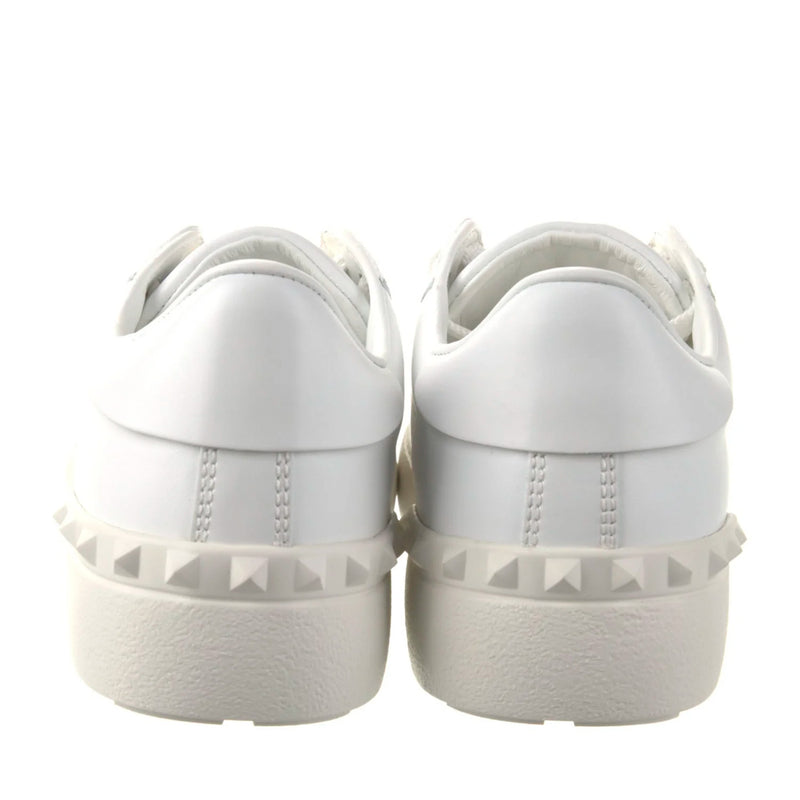 Valentino White Leather Platinum Gold Metallic Stripe Rockstud Open Sneakers