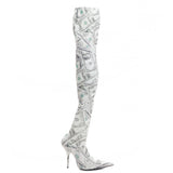 Balenciaga White Knife Dollar Money 110 Stretch Fabric Over-The-Knee Boots