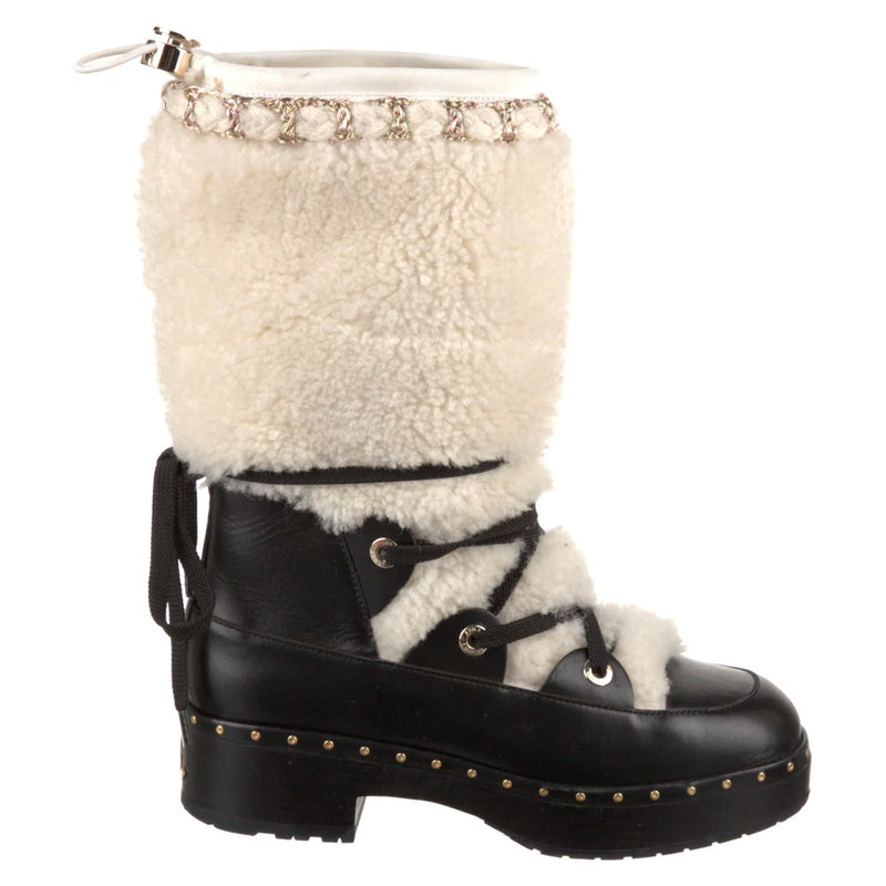 Chanel CC Leather Shearling-Trimmed Ankle Snowboots - Black Boots, Shoes -  CHA439679