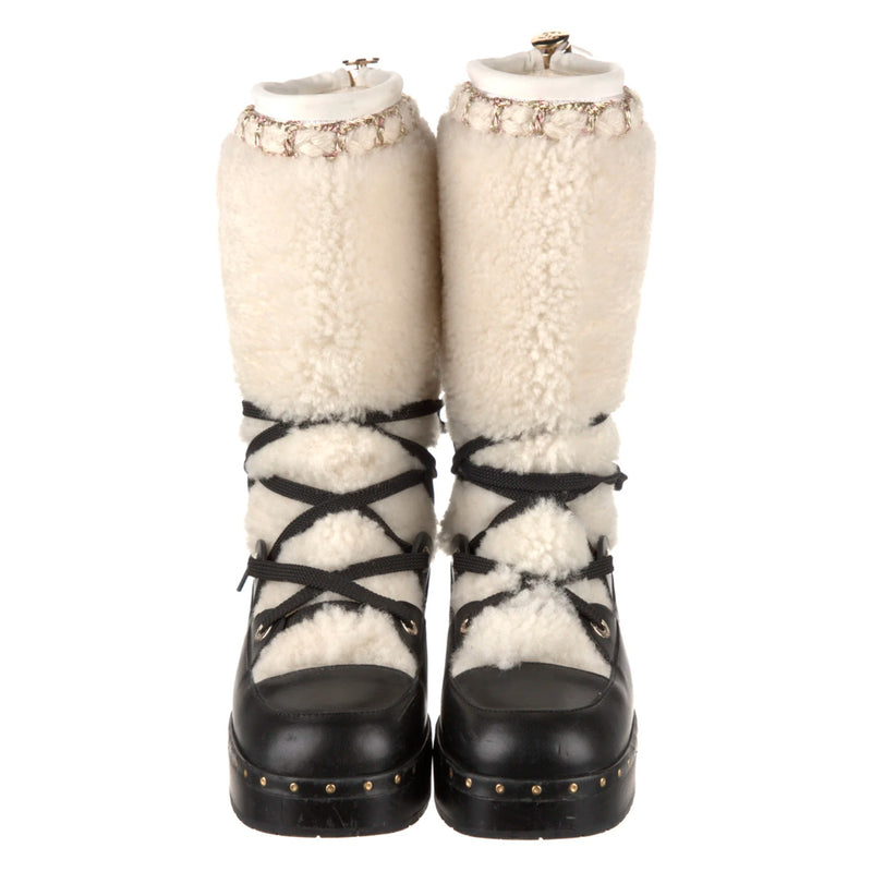 Chanel Women's CC Lace-Up Winter Boots Leather and Shearling