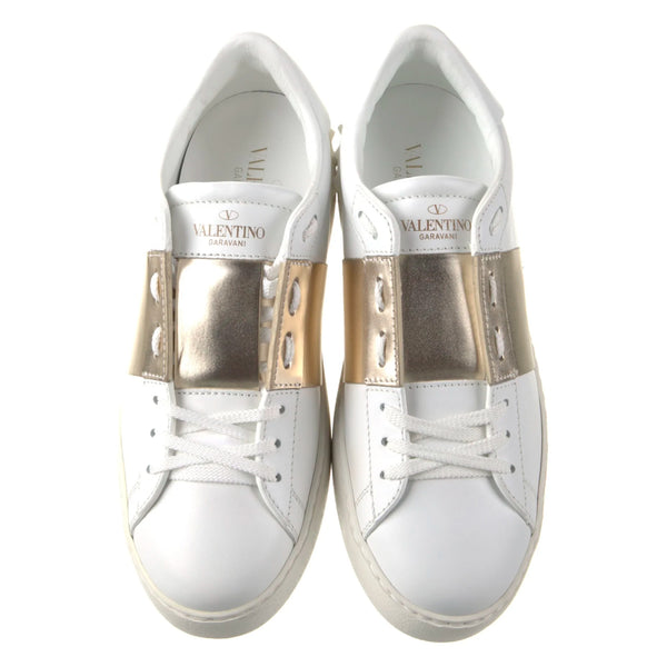 Valentino White Leather Platinum Gold Metallic Stripe Rockstud Open Sneakers