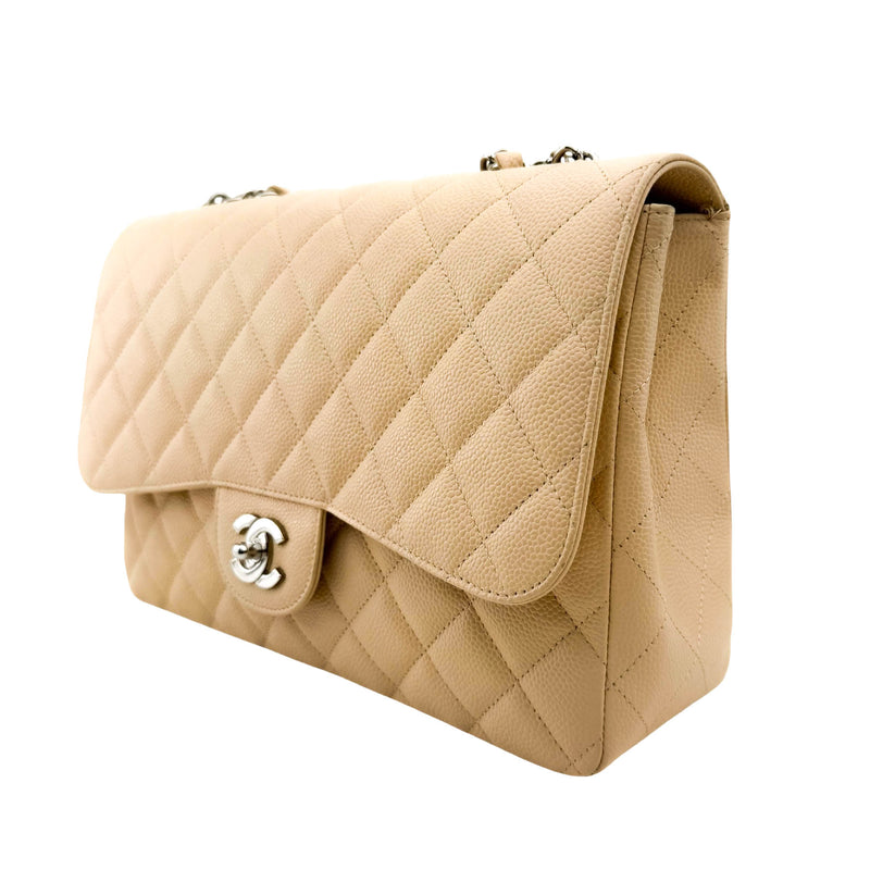 Chanel Beige Caviar Quilted Classic Jumbo Flap Bag