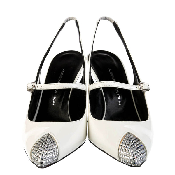 Alessandra Rich White Patent Leather Crystal Embellished Slingback Pumps