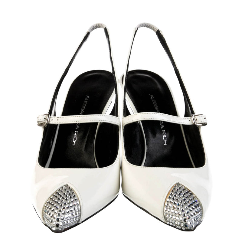 Alessandra Rich White Patent Leather Crystal Embellished Slingback Pumps