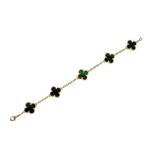 Van Cleef & Arpels 18K Yellow Gold Green Malachite Vintage Alhambra 5 Motif Bracelet VCARL80900