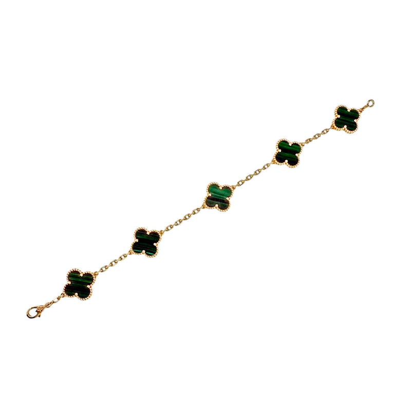 Van Cleef & Arpels 18K Yellow Gold Green Malachite Vintage Alhambra 5 Motif Bracelet VCARL80900