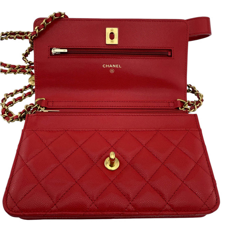 Chanel Red Caviar Quilted Twist Your Buttons Wallet On Chain WOC