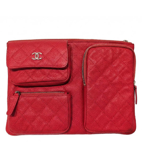 chanel red quilted caviar leather backpack bag Chanel Red Quilted Caviar Leather Multi Pocket Zip Bag
