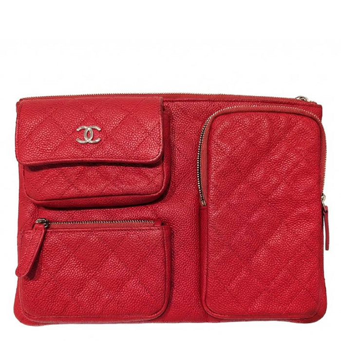 Chanel Red Quilted Caviar Leather Multi Pocket Zip Bag