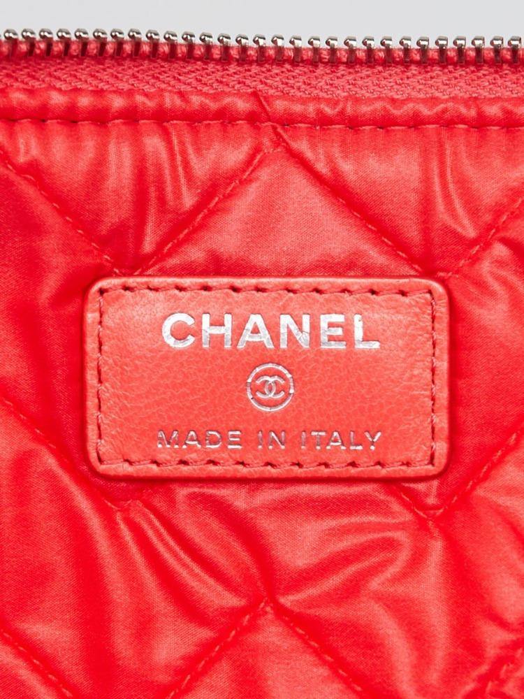 Chanel Chevron Lambskin Leather Large O-Case Zip Pouch Clutch Bag Coral