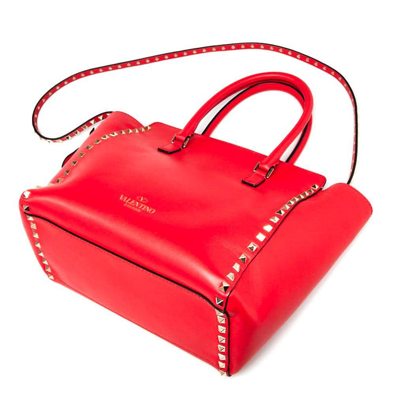 Calfskin Leather Rockstud Double Handle Tote Bag Red - LUXYBIT