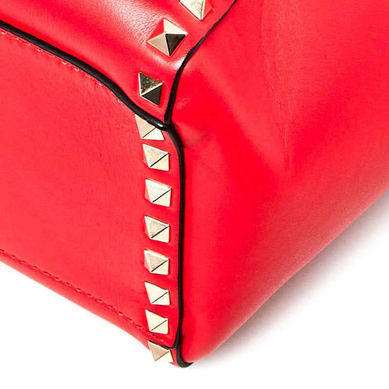 Calfskin Leather Rockstud Double Handle Tote Bag Red - LUXYBIT