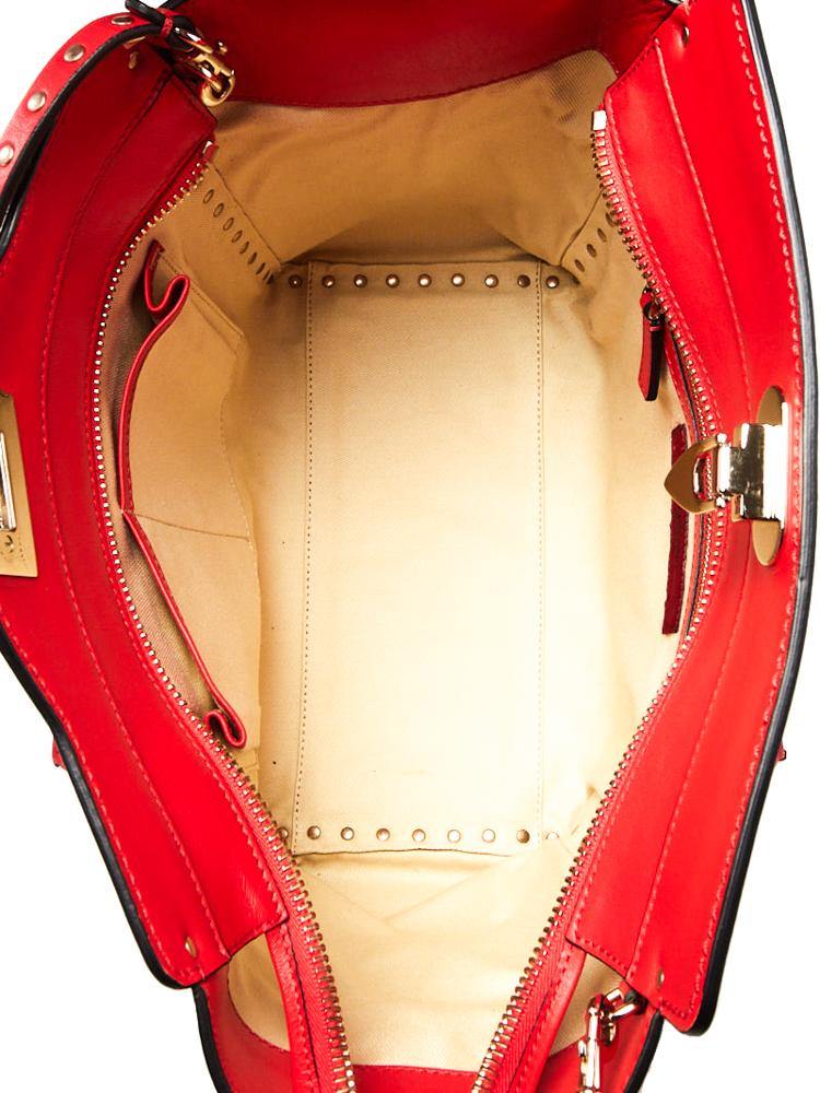 Calfskin Leather Rockstud Double Handle Tote Bag Red - LUXYBIT