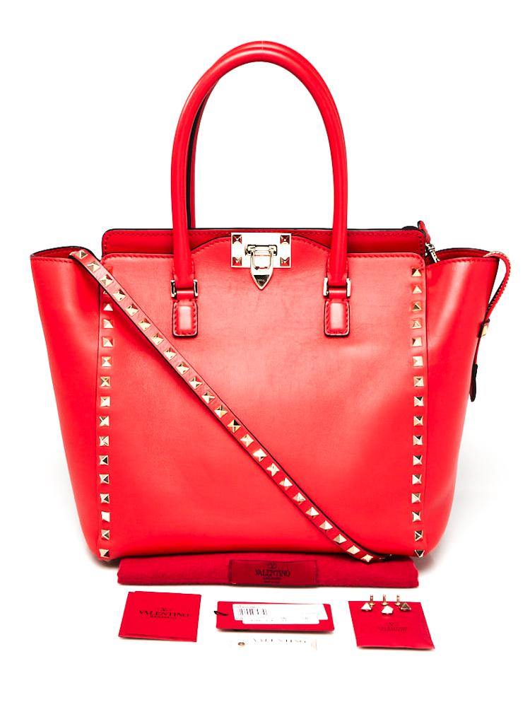 Valentino Red Calfskin Leather Rockstud Double Handle Tote Bag