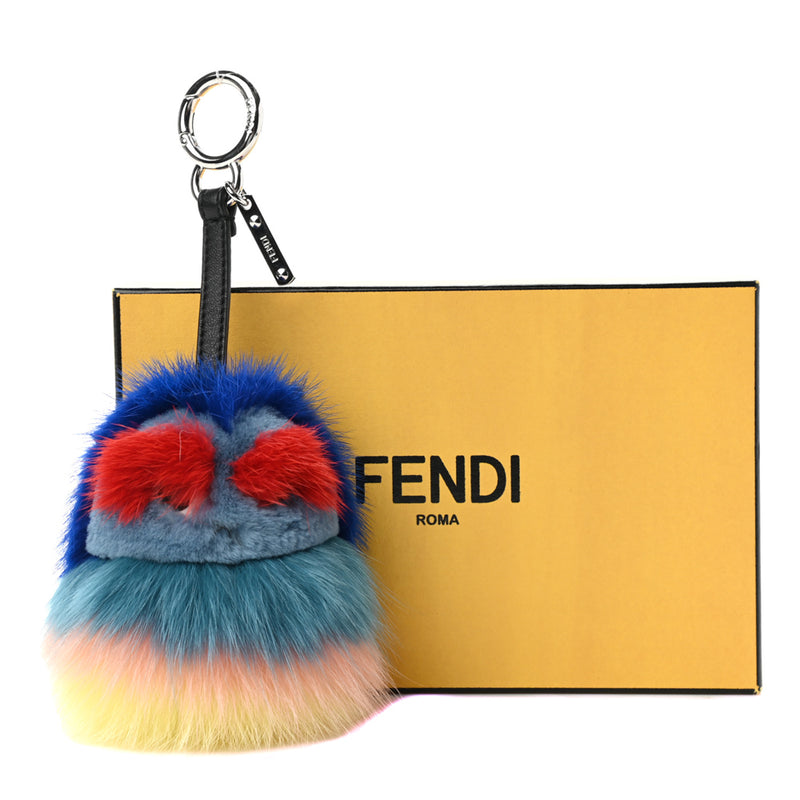 Fendi Bag Bug Yellow Eyes Black Fur Leather Key Chain / Bag Charm