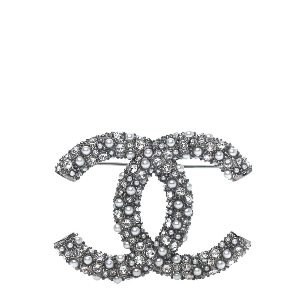 Chanel Silver Crystal Pearl CC Brooch