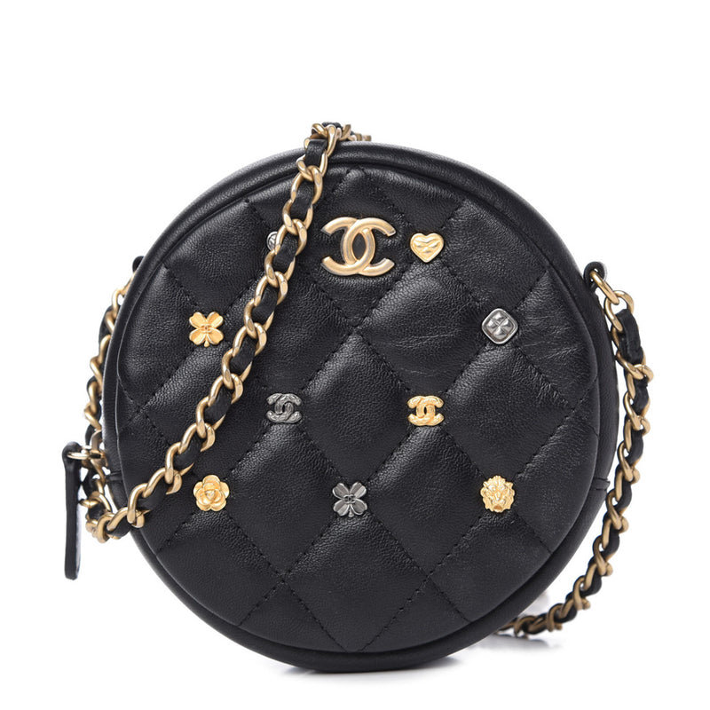 Chanel Black Quilted Lambskin Lucky Charms Round Clutch With Chain