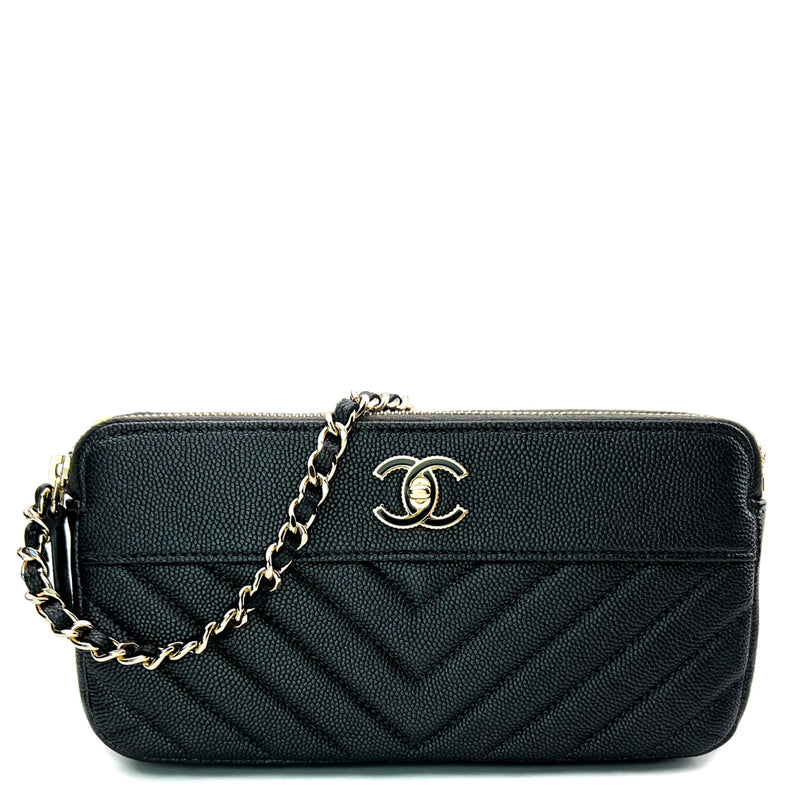 Chanel Quilted Classic Clutch With Chain Black Caviar Light Gold