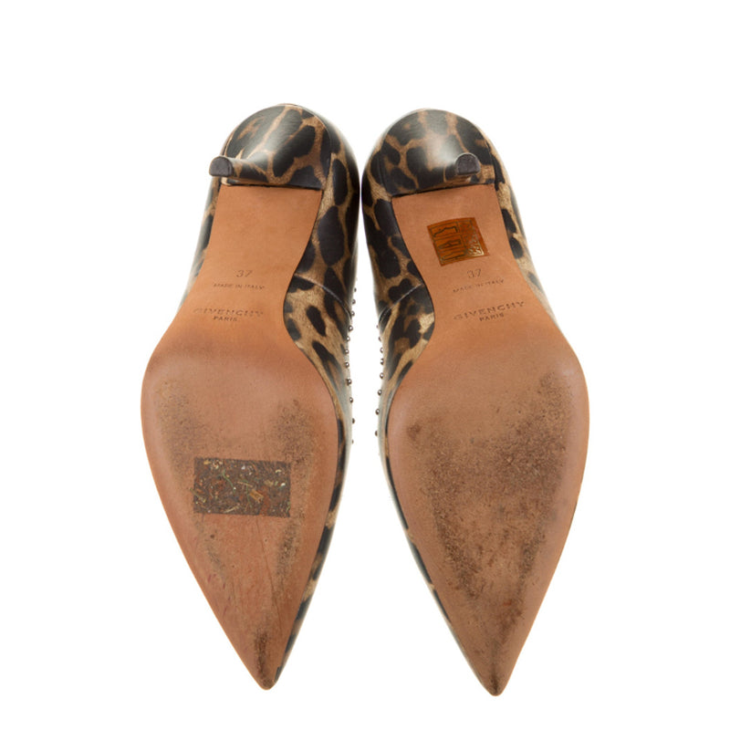 Givenchy Brown Leopard Print Leather Metal Stud Embellished Pointed Toe Pumps 37