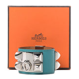 Bleu Paon Epsom Leather Palladium Plated Collier de Chien Bracelet - LUXYBIT