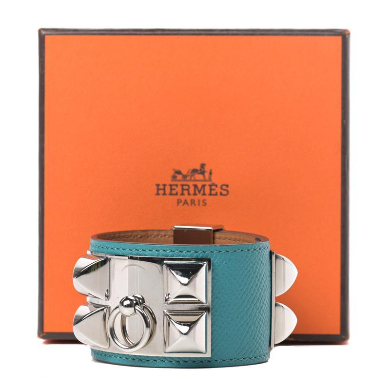 Bleu Paon Epsom Leather Palladium Plated Collier de Chien Bracelet - LUXYBIT