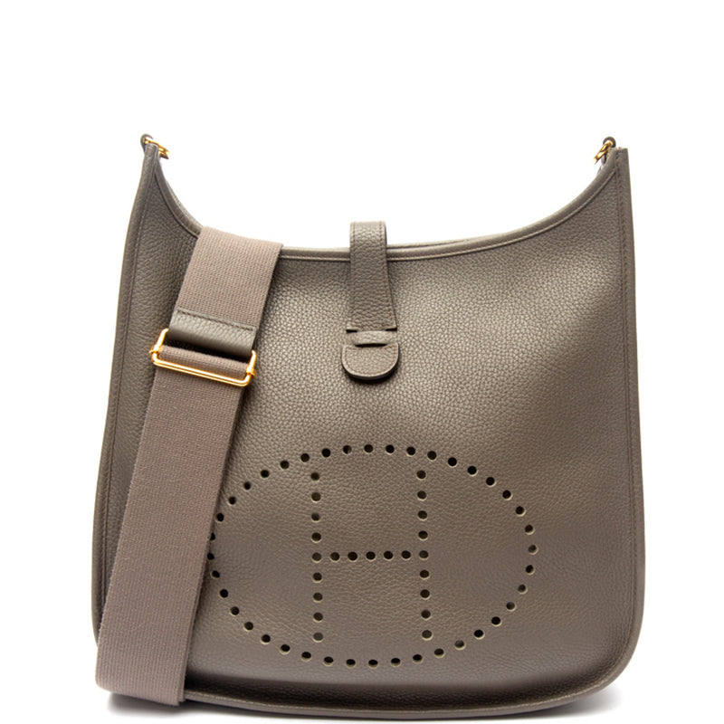 Hermes Gris Etain Clemence Leather Evelyne GM III Bag